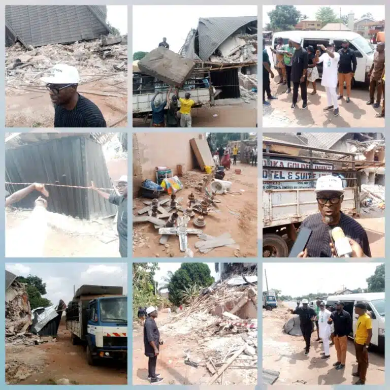 Scrap Dealers Intercepted Looting Items As Soludo’s Commissioner Visits, Speaks on Demolished Hotel