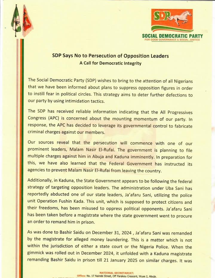 SDP Condemns Kaduna State Government’s Oppressive Conduct and Misuse of Federal Security Agencies: Opposition party calls for unity in defending democracy and the sovereignty of Nigeria