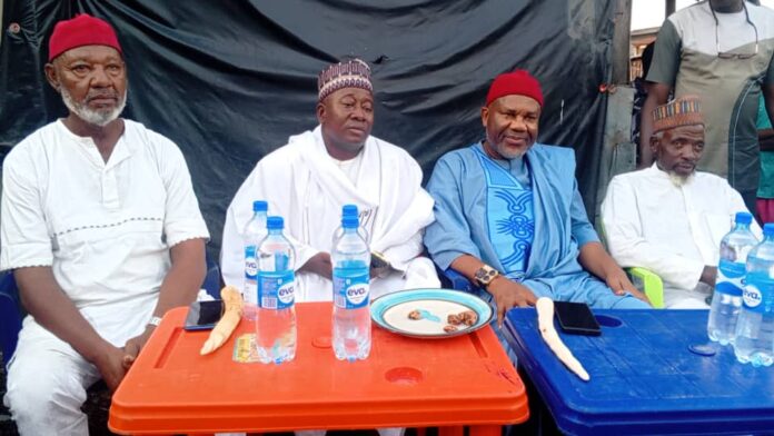 L-R: Member representing Ogbaru federal constituency of Anambra state, Hon Victor Afam Ogene (3rd); Chief Imam, Ogbaru Central Mosque, Abdul Majeed Oniyan (2nd); Labour Party chairman, Ogbaru local government area, Chief Emeka Nwosu and a leader of Muslim community in Ogbaru, Mallam Adamu Paapa during Hon Ogene's visit to Muslim faithful in their praying arena in the federal constituency to break Ramadan fast with them on Friday.