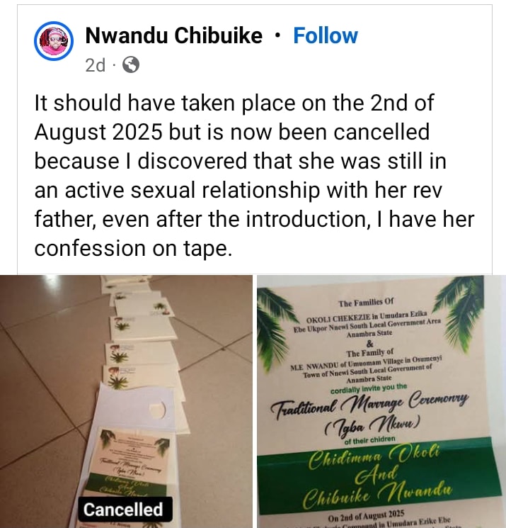 Anambra Man Calls Off Traditional Marriage After Discovering That His Bride-to-be Is Sleeping with Her Rev. Father