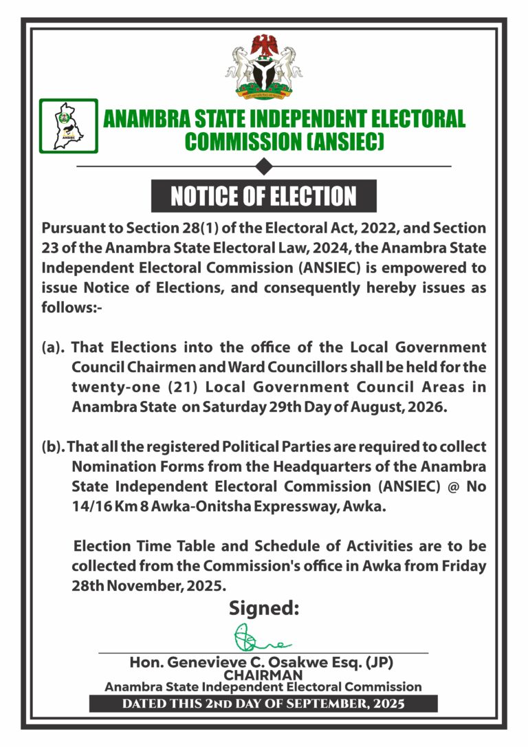 ANSIEC Unveils Date, Timetable for 2026 Anambra Local Government Polls