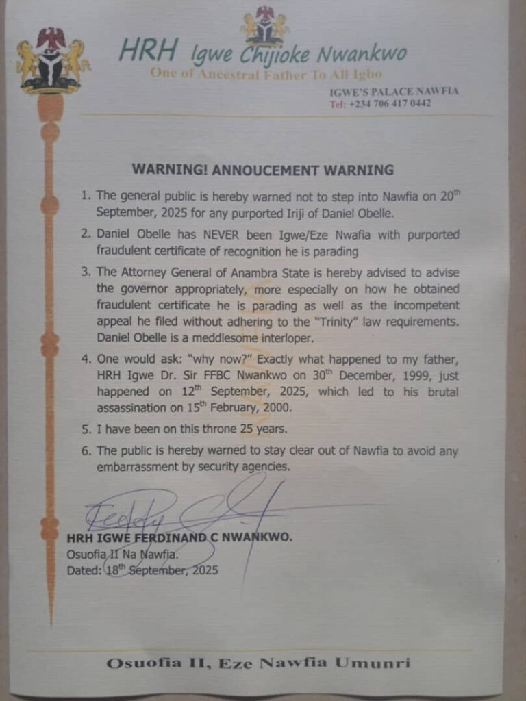 Nawfia Stool Crisis Resurfaces as Rival Monarch Schedules New Yam Festival, Anambra Govt Reacts