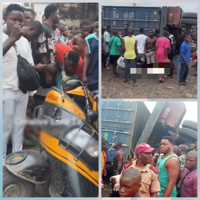 In Anambra, Trailer Crushes Fully-Loaded Tricycle, Kills Two (Videos)