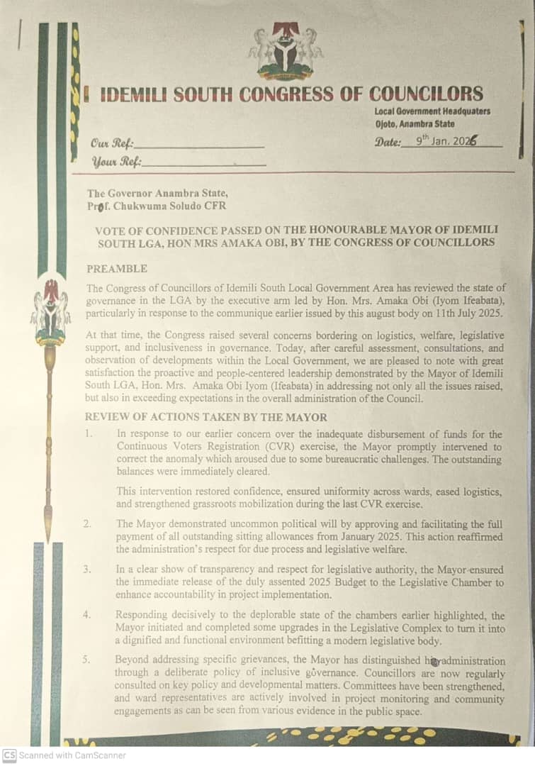 Hon. Amaka Obi Wins Full Legislative Backing as Idemili South Councillors Pass Vote of Confidence in Her