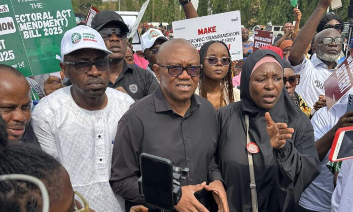 ‘Protect the Vote’ — Peter Obi Joins Protesters at National Assembly to Demand Electoral Reforms