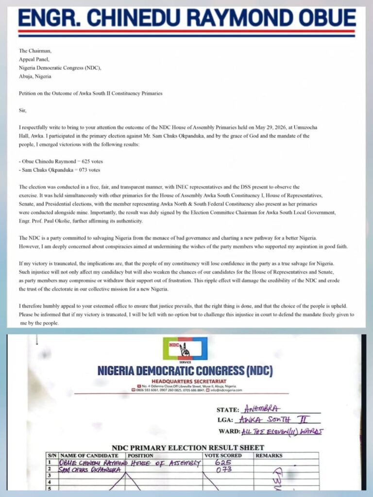 In Anambra, NDC Assembly Aspirant, Obue, Cries Out Over Alleged Plot to Overturn Primary Election Victory, Petitions Obi, Dickson, Others