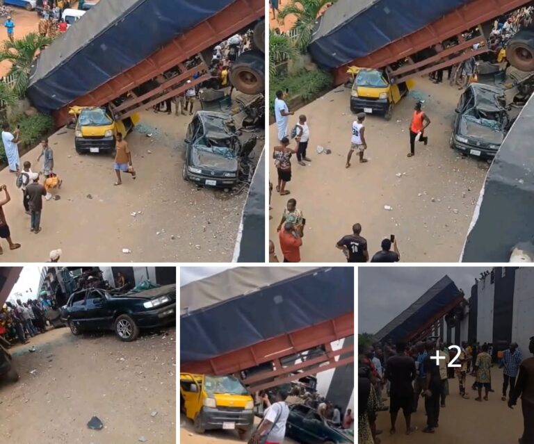 Many Escape Death as Speeding Truck Reportedly Fall Off from Nkpor Flyover, Injures Many, Destroys Vehicles (Video)