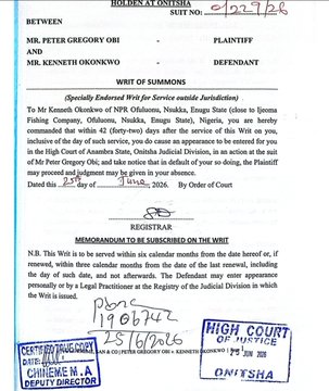 BREAKING: Peter Obi Drags Kenneth Okonkwo to Court, Files Lawsuit in Anambra High Court