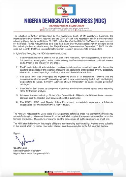 NDC Demands Immediate Dismissal of Chief of Staff Gbajabiamila Amid ₦27.3B 'Fake Agency' and Appointment-for-Cash Scandal