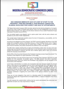 NDC Demands Immediate Dismissal of Chief of Staff Gbajabiamila Amid ₦27.3B 'Fake Agency' and Appointment-for-Cash Scandal