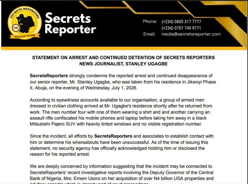 SILENCING THE PRESS? SecretsReporters Senior Journalist Stanley Ugagbe Abducted in Abuja Following N4bn CBN Deputy Governor Exposé