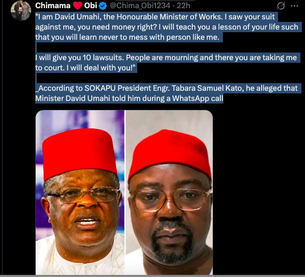 "I WILL TEACH YOU A LESSON": SOKAPU President Alleges Minister David Umahi Issued Threats Over N20bn Death Lawsuit