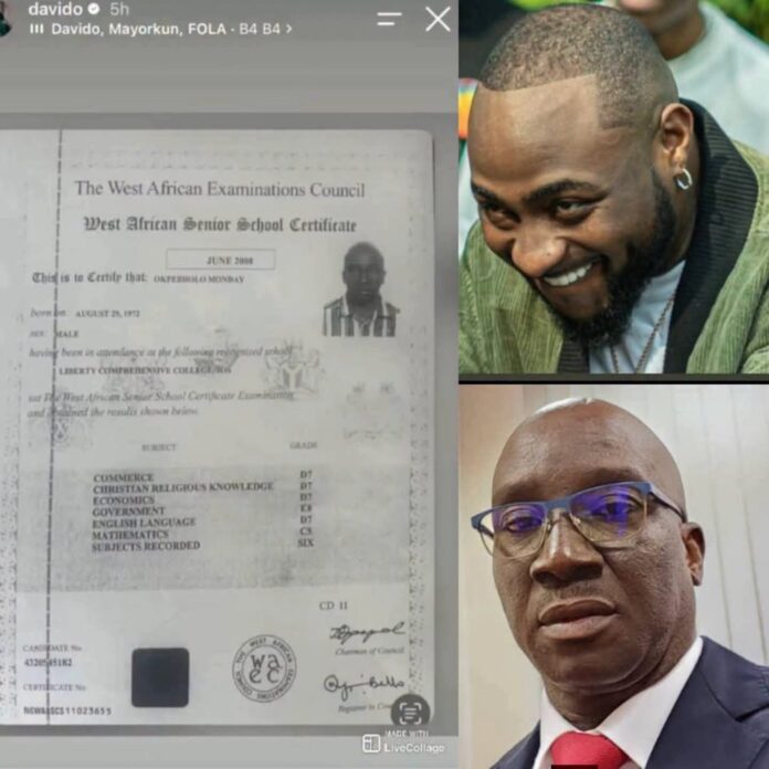 Social Media Feud: Davido Posts Edo Governor's Alleged WAEC Result Following Attacks on Uncle