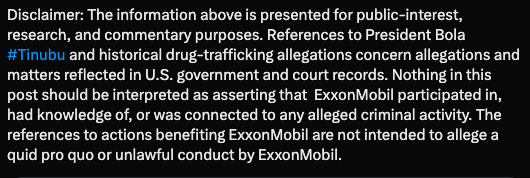 Firm Links Tinubu’s U.S. Drug Record to Exxon Mobil Policies and Subsidy Removal