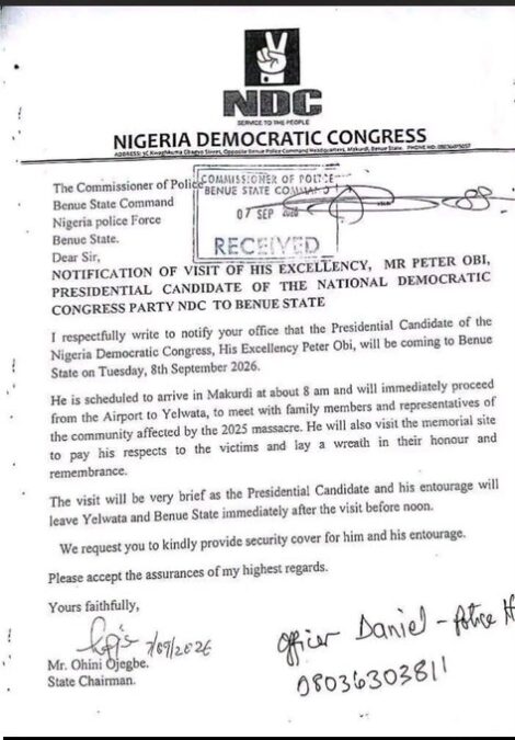 Letter Contradicts Benue Government's Claim It Was Not Notified of Obi's Visit; No Arrests Made Over Armed Blockade