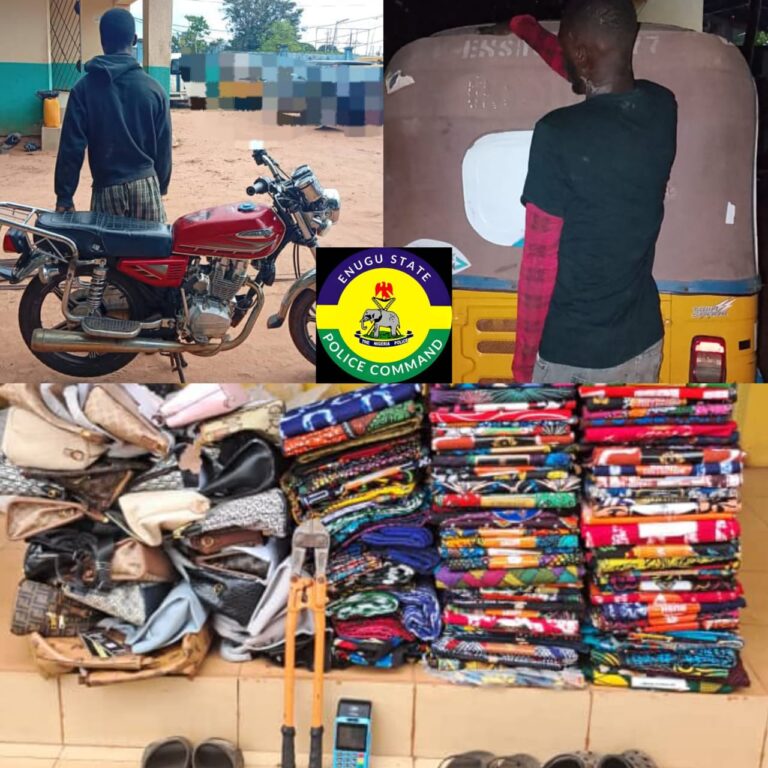 Enugu Police Recover Stolen Keke, Motorcycle, 112 Wrappers, 29 Handbags, Arrest Criminal Suspects