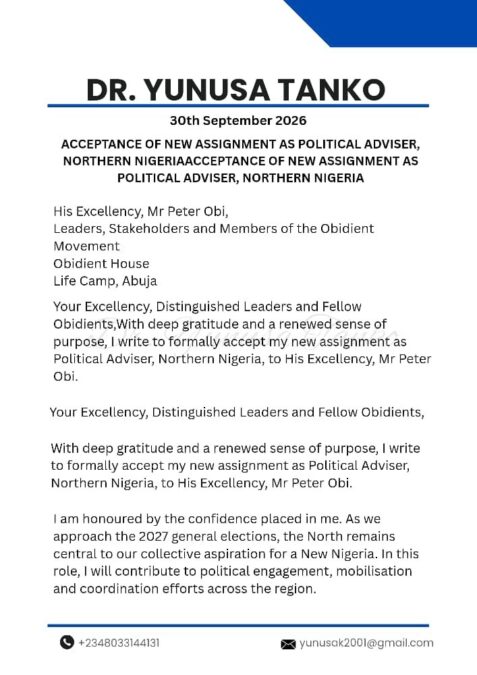 Yunusa Tanko Steps Down as Obidient Movement National Coordinator, Named Political Adviser for Northern Nigeria