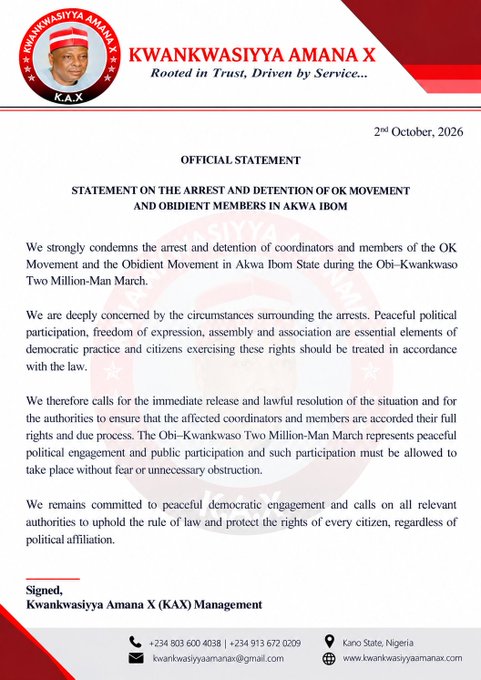 Kwankwasiyya Group Condemns Arrest Of OK Movement And Obidient Members In Akwa Ibom, Demands Immediate Release